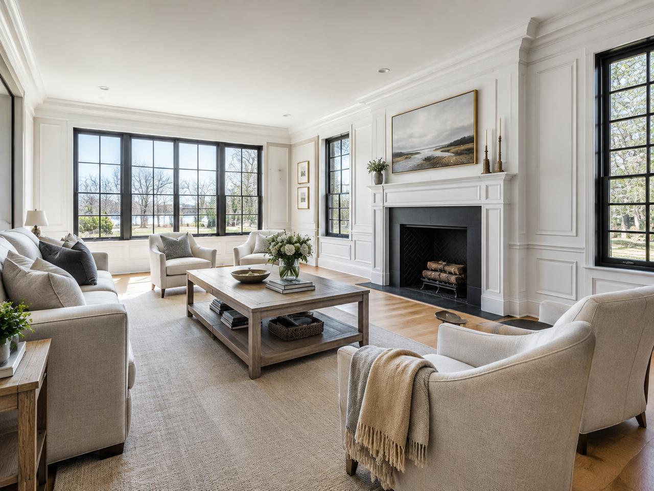 Illustrative living room with carefully detailed trim and finishes