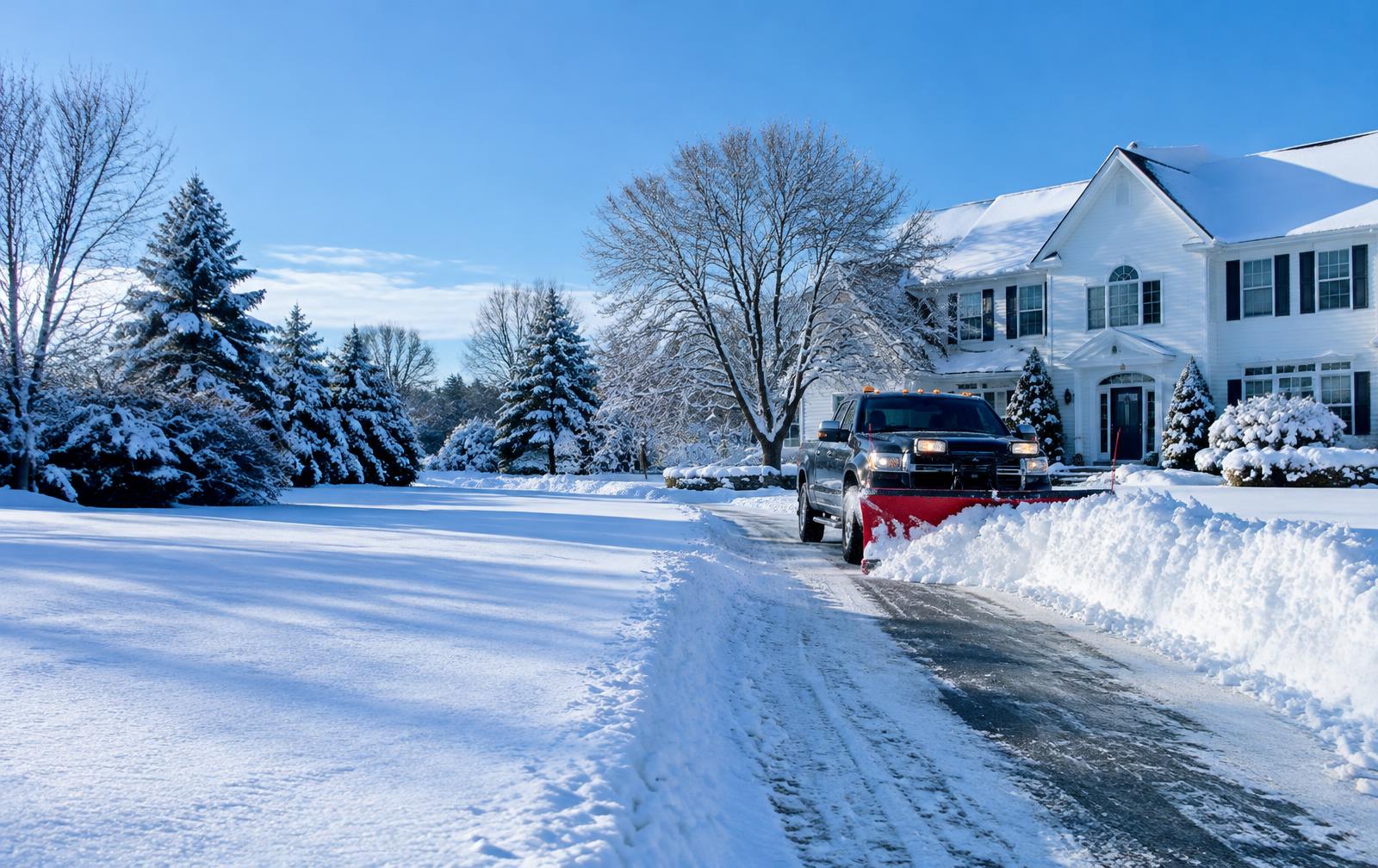 Illustrative snow plow clearing a residential driveway